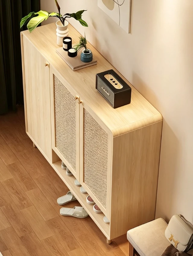 Alt view image 3 of 5 - Mid-Century Rattan Shoe Cabinet with 2 Doors Entryway Storage Organizer with Open Shelf, Natural, Plywood