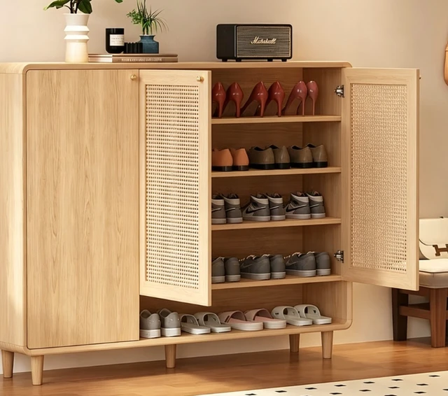 Alt view image 4 of 5 - Mid-Century Rattan Shoe Cabinet with 2 Doors Entryway Storage Organizer with Open Shelf, Natural, Plywood