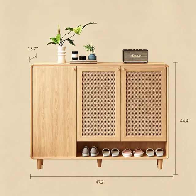 Alt view image 5 of 5 - Mid-Century Rattan Shoe Cabinet with 2 Doors Entryway Storage Organizer with Open Shelf, Natural, Plywood