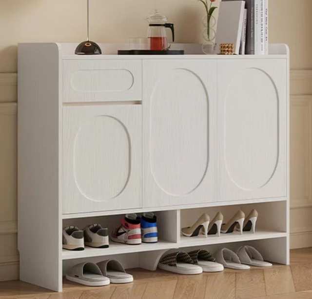 Main image of Shoe Cabinet Three Door Design Holds Pairs Hollow Base 12 cm Height Storage Organizer, White, Wood