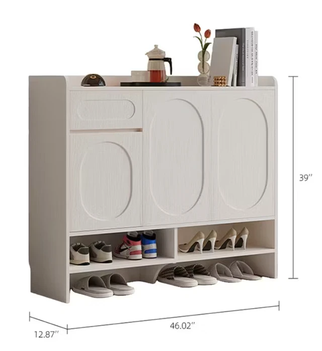 Alt view image 3 of 5 - Shoe Cabinet Three Door Design Holds Pairs Hollow Base 12 cm Height Storage Organizer, White, Wood