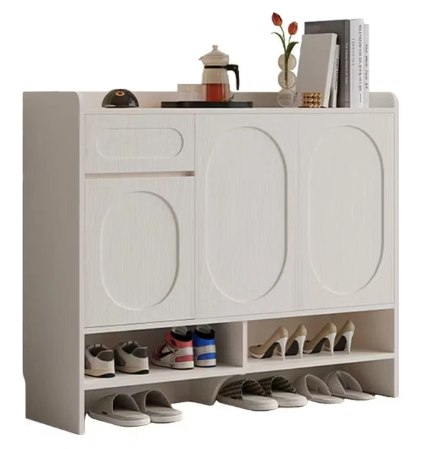 Alt view image 2 of 5 - Shoe Cabinet Three Door Design Holds Pairs Hollow Base 12 cm Height Storage Organizer, White, Wood