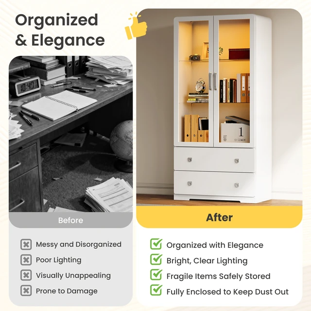 Alt view image 4 of 7 - 64 Inch Tall Display Cabinet with Storage Drawers and Acrylic Doors, Wooden Frame Curio Cabinet with LED Lights 3 Tier