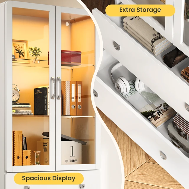 Alt view image 3 of 7 - 64 Inch Tall Display Cabinet with Storage Drawers and Acrylic Doors, Wooden Frame Curio Cabinet with LED Lights 3 Tier