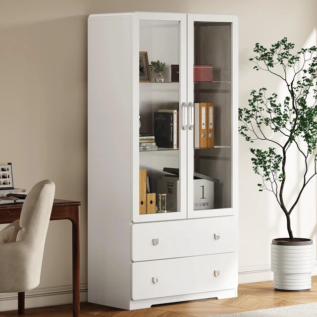 Main image of 64 Inch Tall Display Cabinet with Storage Drawers and Acrylic Doors, Wooden Frame Curio Cabinet with LED Lights 3 Tier