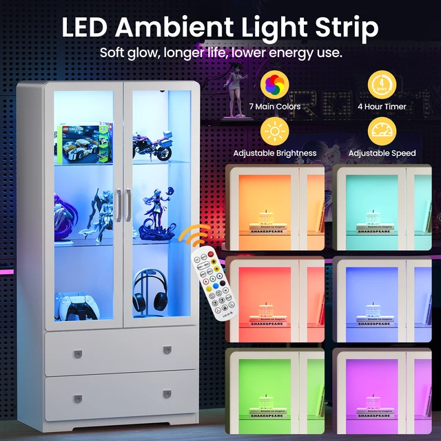 Alt view image 7 of 7 - 64 Inch Tall Display Cabinet with Storage Drawers and Acrylic Doors, Wooden Frame Curio Cabinet with LED Lights 3 Tier