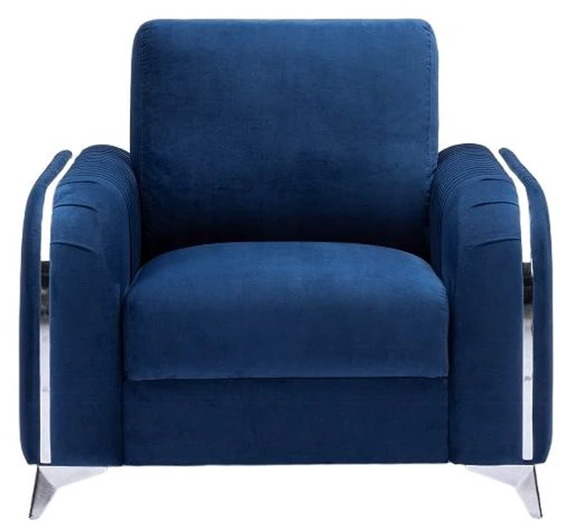 Alt view image 2 of 5 - Accent Chair with Metal Leg with Trim Accents, Blue, Wood and Fabric, Chairs Seating