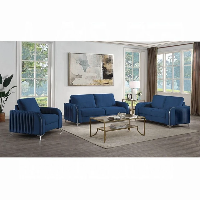 Alt view image 5 of 5 - Accent Chair with Metal Leg with Trim Accents, Blue, Wood and Fabric, Chairs Seating