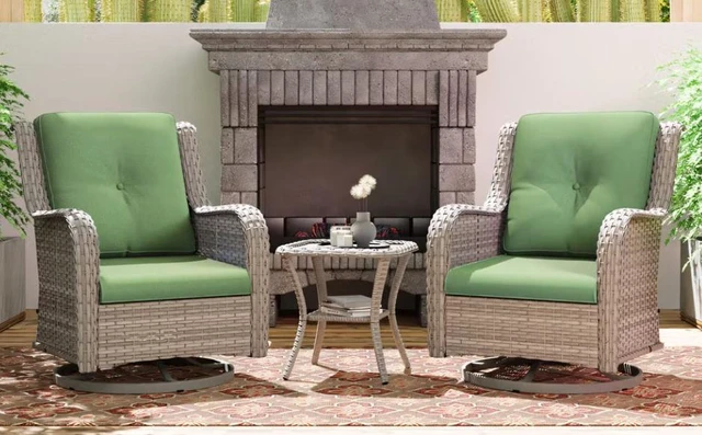 Main image of Outdoor Swivel Wicker Lounge Chair Set with Cushions and Matching Side Table, Green, Fabric and Metal, Chairs Accent
