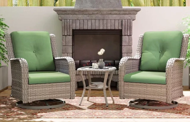 Alt view image 2 of 5 - Outdoor Swivel Wicker Lounge Chair Set with Cushions and Matching Side Table, Green, Fabric and Metal, Chairs Accent