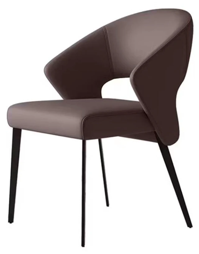 Main image of Curved Upholstered Dining Chair Leather Accent Armchair with Black Metal Legs, Brown, Carbon Steel and Faux Leather