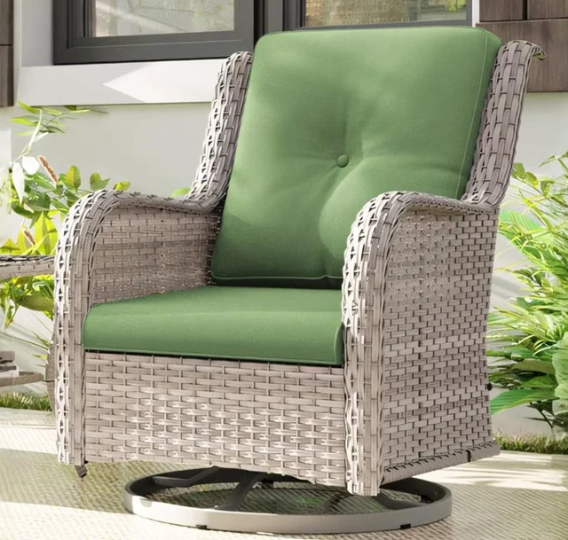 Alt view image 3 of 5 - Outdoor Swivel Wicker Lounge Chair Set with Cushions and Matching Side Table, Green, Fabric and Metal, Chairs Accent