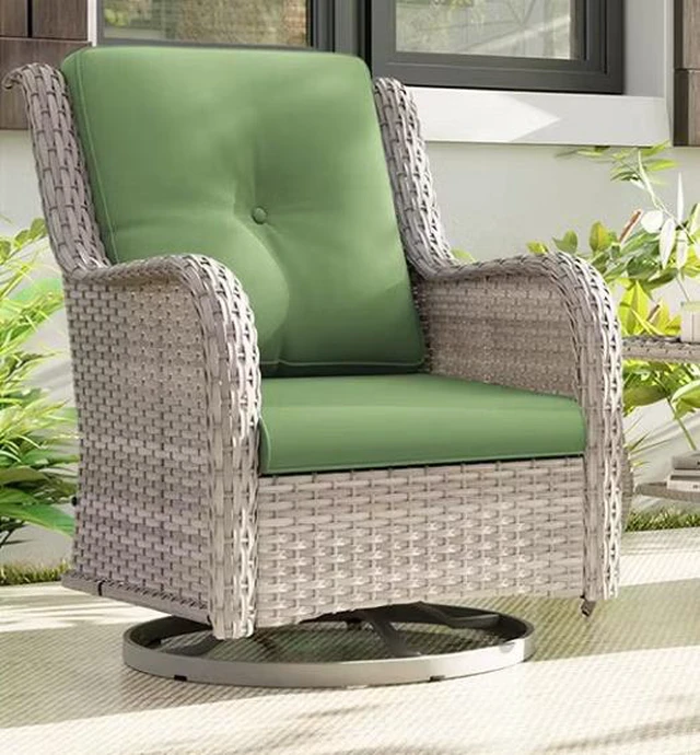 Alt view image 4 of 5 - Outdoor Swivel Wicker Lounge Chair Set with Cushions and Matching Side Table, Green, Fabric and Metal, Chairs Accent