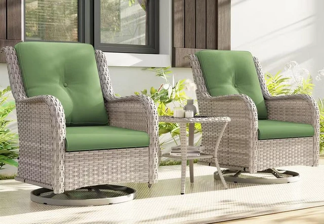 Alt view image 5 of 5 - Outdoor Swivel Wicker Lounge Chair Set with Cushions and Matching Side Table, Green, Fabric and Metal, Chairs Accent