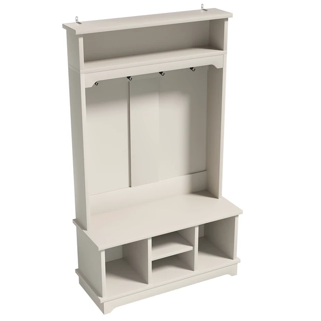 Alt view image 5 of 7 - Coat Rack with Shoe Storage, Tree with Shoe Bench Cubbies 1 Tier Top Storage Entryway Bench for Entryway Living, White