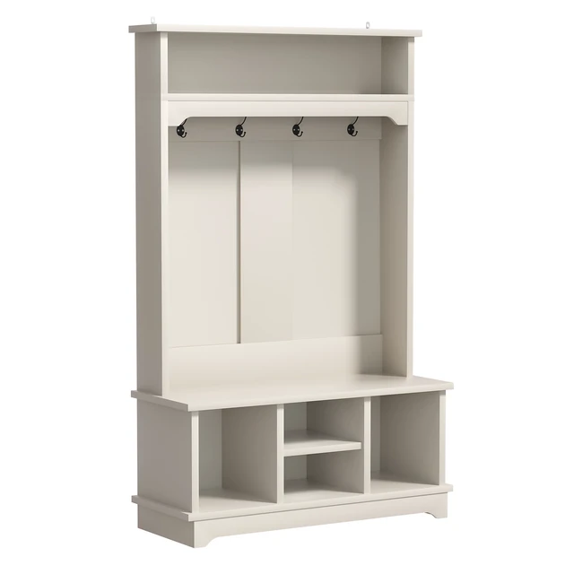 Alt view image 4 of 7 - Coat Rack with Shoe Storage, Tree with Shoe Bench Cubbies 1 Tier Top Storage Entryway Bench for Entryway Living, White