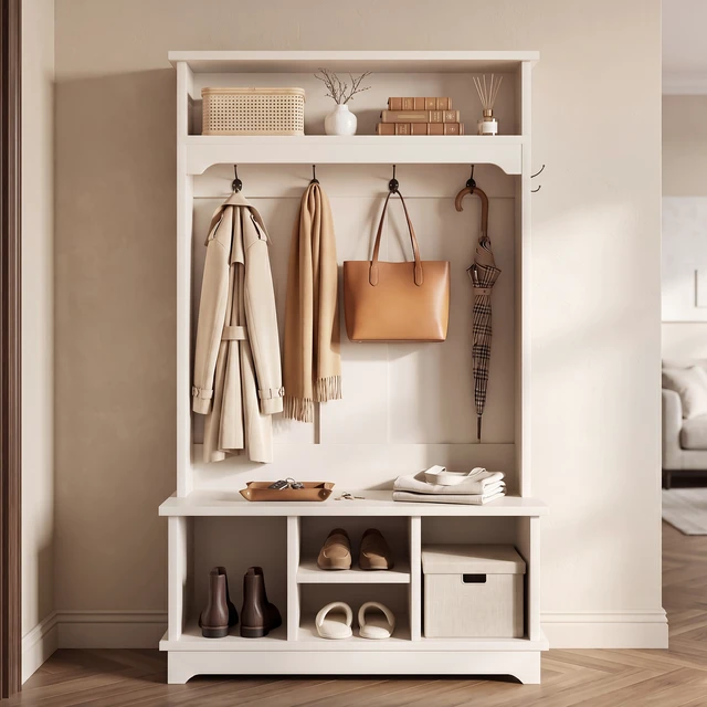 Alt view image 6 of 7 - Coat Rack with Shoe Storage, Tree with Shoe Bench Cubbies 1 Tier Top Storage Entryway Bench for Entryway Living, White