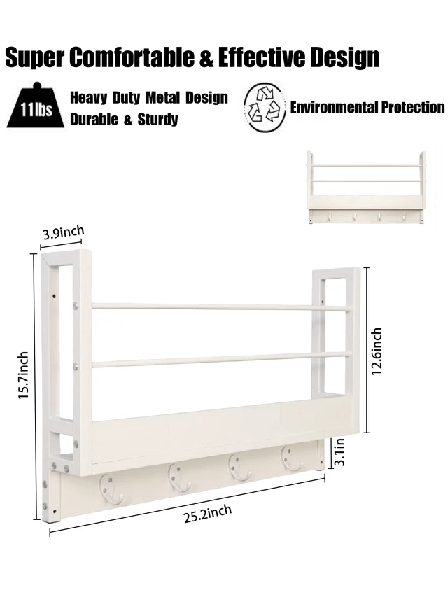 Alt view image 2 of 7 - Floating Shelf Coat Rack, Wall Mounted Storage Shelves with Coat Hooks Key Holder for Entryway Living Set, White, Wood