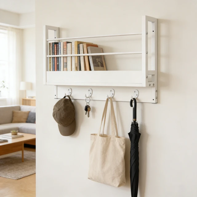 Alt view image 5 of 7 - Floating Shelf Coat Rack, Wall Mounted Storage Shelves with Coat Hooks Key Holder for Entryway Living Set, White, Wood