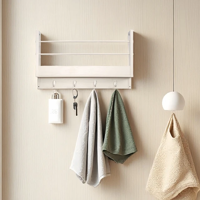 Main image of Floating Shelf Coat Rack, Wall Mounted Storage Shelves with Coat Hooks Key Holder for Entryway Living Set, White, Wood