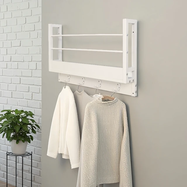 Alt view image 3 of 7 - Floating Shelf Coat Rack, Wall Mounted Storage Shelves with Coat Hooks Key Holder for Entryway Living Set, White, Wood