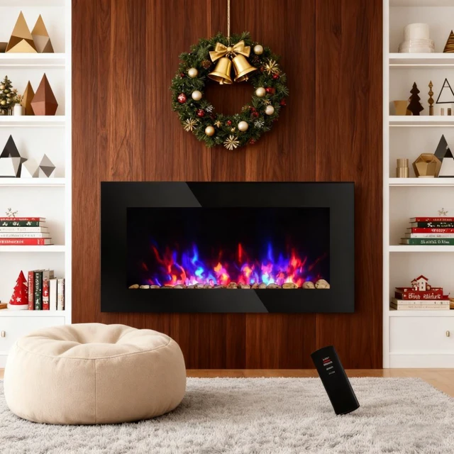 Main image of Wall Fireplace, Electric Wall-Mounted Fireplace with Flame Effect Color Background and Side, Black, Metal and Tempered