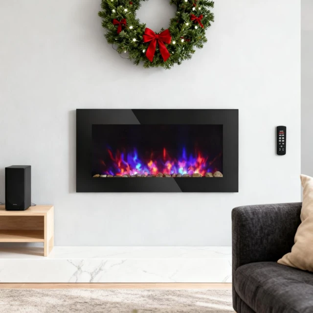 Alt view image 4 of 7 - Wall Fireplace, Electric Wall-Mounted Fireplace with Flame Effect Color Background and Side, Black, Metal and Tempered