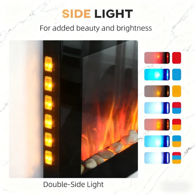 Alt view image 6 of 7 - Wall Fireplace, Electric Wall-Mounted Fireplace with Flame Effect Color Background and Side, Black, Metal and Tempered