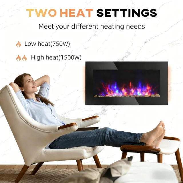 Alt view image 7 of 7 - Wall Fireplace, Electric Wall-Mounted Fireplace with Flame Effect Color Background and Side, Black, Metal and Tempered