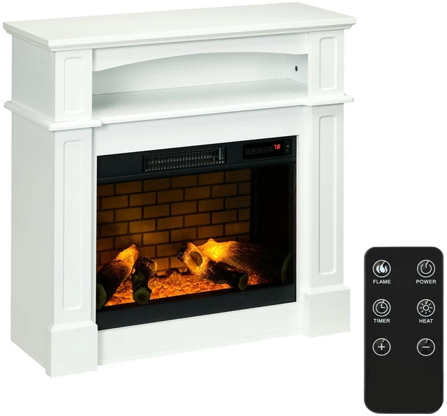 Main image of 32 Inch Electric Fireplace with Mantel, Freestanding Heater with LED Log Flame Shelf and Remote Control, White, Steel