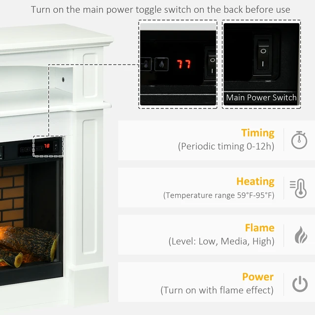 Alt view image 7 of 7 - 32 Inch Electric Fireplace with Mantel, Freestanding Heater with LED Log Flame Shelf and Remote Control, White, Steel