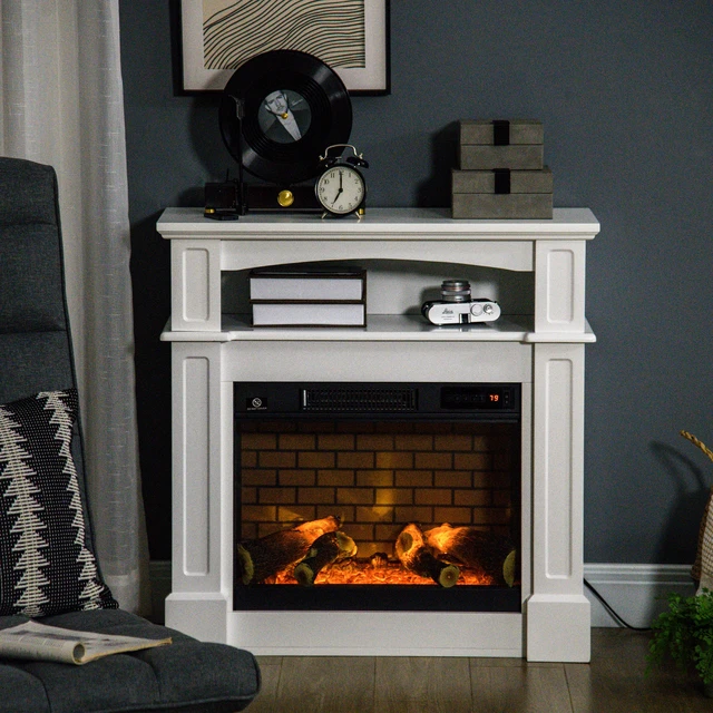 Alt view image 6 of 7 - 32 Inch Electric Fireplace with Mantel, Freestanding Heater with LED Log Flame Shelf and Remote Control, White, Steel