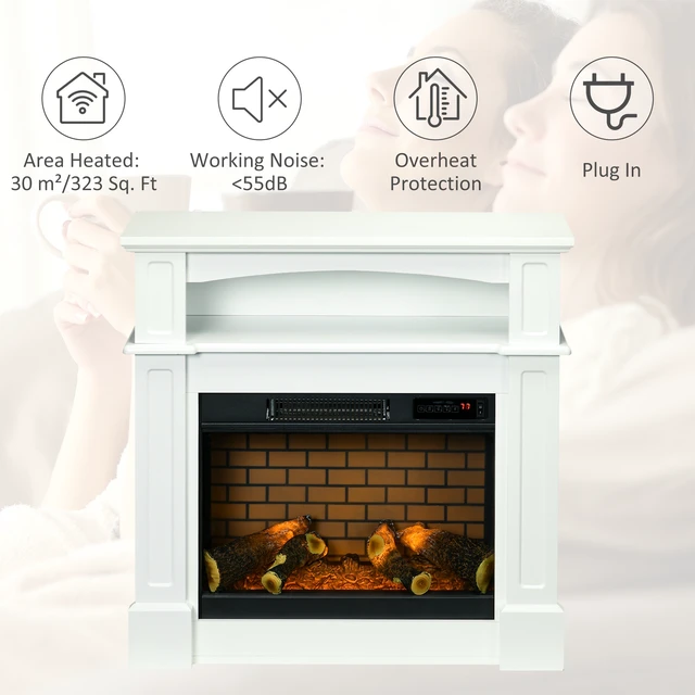 Alt view image 2 of 7 - 32 Inch Electric Fireplace with Mantel, Freestanding Heater with LED Log Flame Shelf and Remote Control, White, Steel
