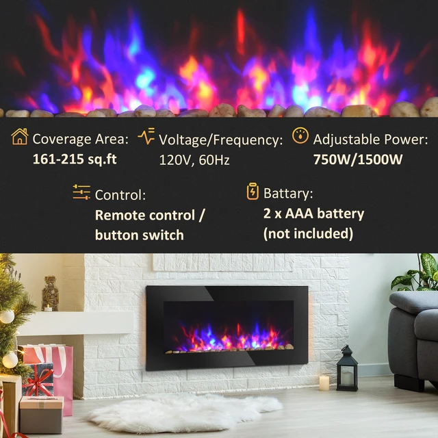 Alt view image 2 of 7 - Electric Wall-Mounted Fireplace with Flame Effect, Color Background and Side, Black, Metal, Indoor Fireplaces