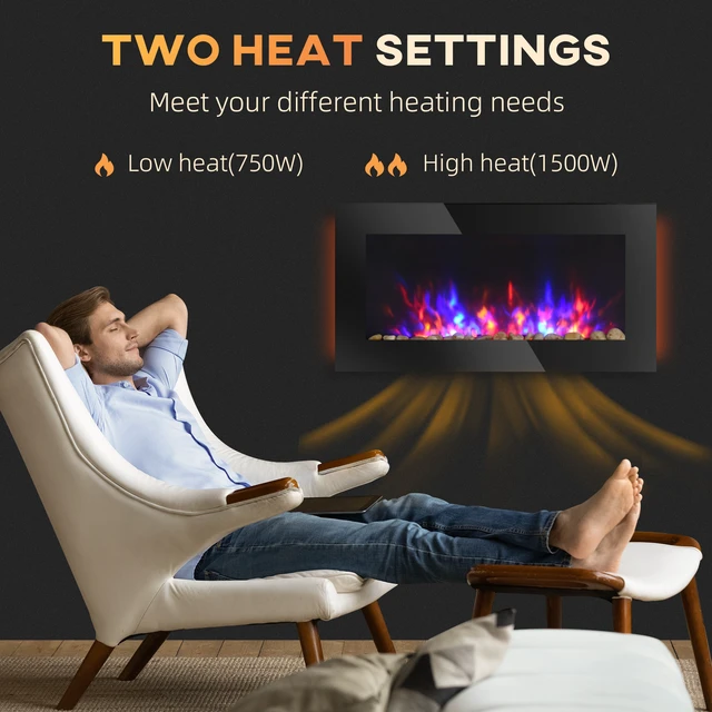 Alt view image 6 of 7 - Electric Wall-Mounted Fireplace with Flame Effect, Color Background and Side, Black, Metal, Indoor Fireplaces