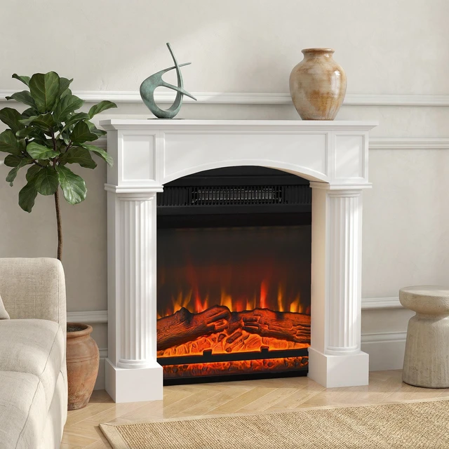 Main image of Fireplace Mantel, Freestanding Fireplace Surround with Leg for Electric 43.3 Inch 39.8 Inch, White, Solid Wood