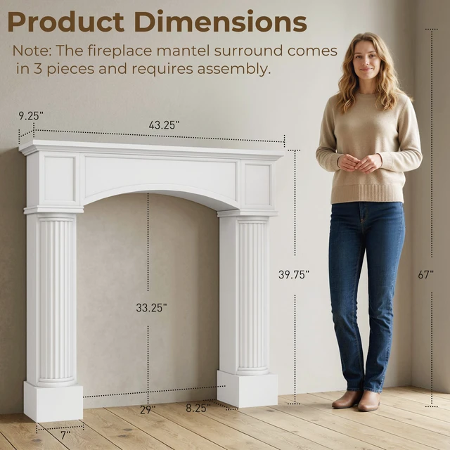 Alt view image 7 of 7 - Fireplace Mantel, Freestanding Fireplace Surround with Leg for Electric 43.3 Inch 39.8 Inch, White, Solid Wood