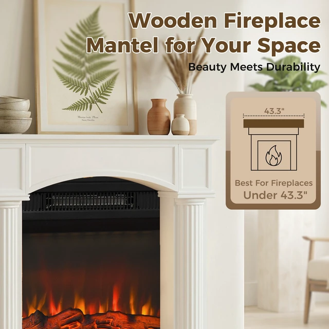 Alt view image 6 of 7 - Fireplace Mantel, Freestanding Fireplace Surround with Leg for Electric 43.3 Inch 39.8 Inch, White, Solid Wood