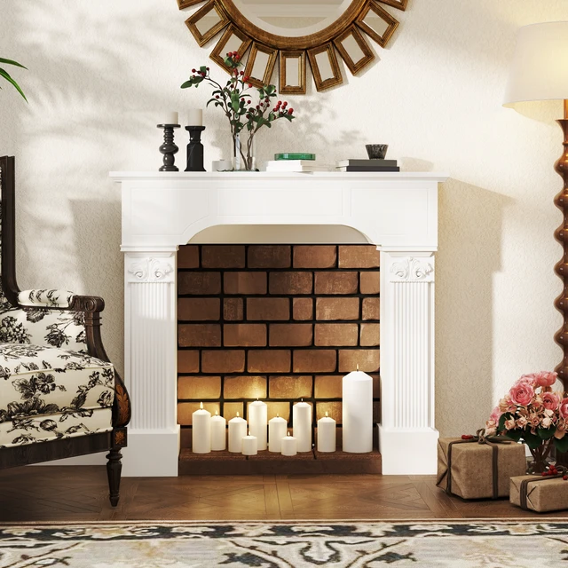 Alt view image 3 of 7 - Baroque Fireplace Mantel, Freestanding Fireplace Surround with Ionic Leg for Electric 43.25 Inch 42.75 Inch, White