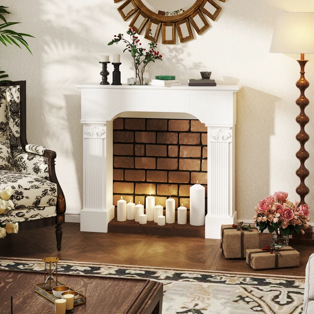Alt view image 4 of 7 - Baroque Fireplace Mantel, Freestanding Fireplace Surround with Ionic Leg for Electric 43.25 Inch 42.75 Inch, White