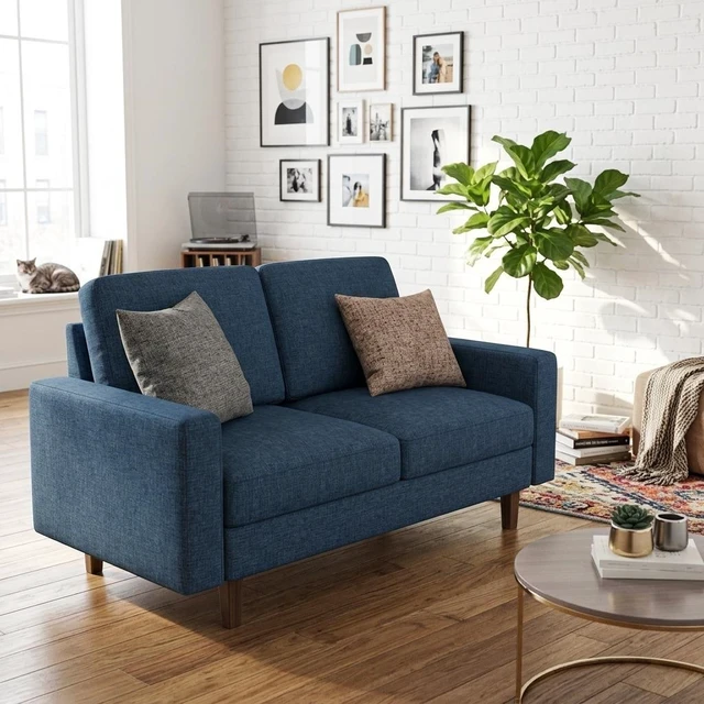 Alt view image 3 of 7 - Loveseat Sofa, 2 Seat Polyester Fabric Couch with Tapered Wood Legs Removable Cushion Small Sofa for Living Throw