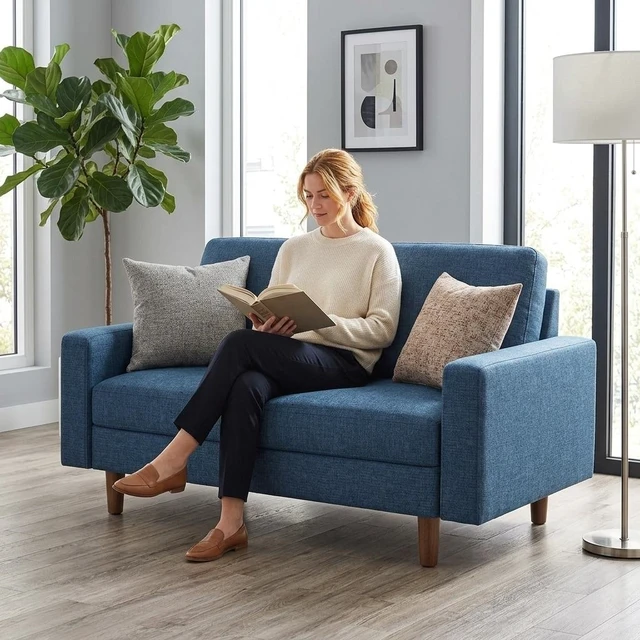 Alt view image 7 of 7 - Loveseat Sofa, 2 Seat Polyester Fabric Couch with Tapered Wood Legs Removable Cushion Small Sofa for Living Throw