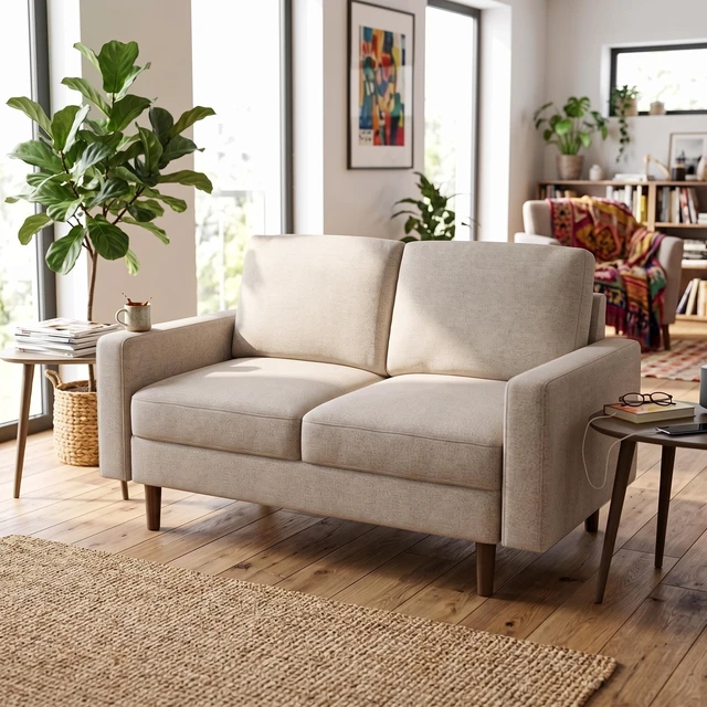 Main image of Loveseat Sofa, 2 Seat Polyester Fabric Couch with Tapered Wood Legs Removable Cushion Small Sofa for Living, Beige