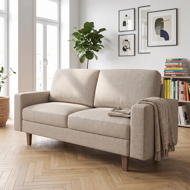 Alt view image 7 of 7 - Loveseat Sofa, 2 Seat Polyester Fabric Couch with Tapered Wood Legs Removable Cushion Small Sofa for Living, Beige
