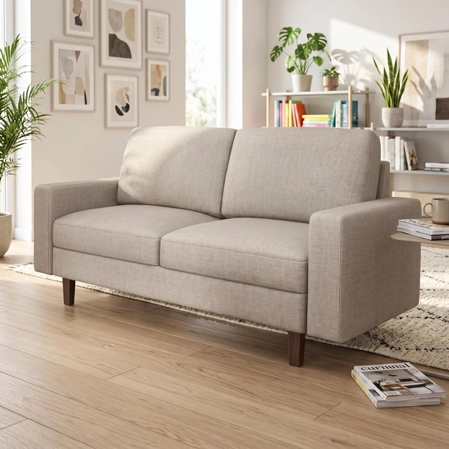 Alt view image 5 of 7 - Loveseat Sofa, 2 Seat Polyester Fabric Couch with Tapered Wood Legs Removable Cushion Small Sofa for Living, Beige