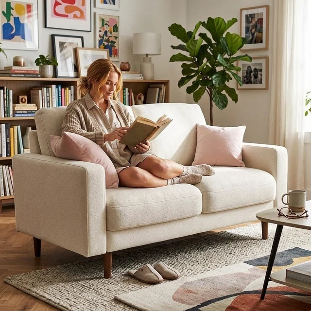 Alt view image 7 of 7 - 2 Seat Loveseat Sofa, Polyester Fabric Couch with Accent Pillows Loose Back Cushion for Small Space Living, Beige