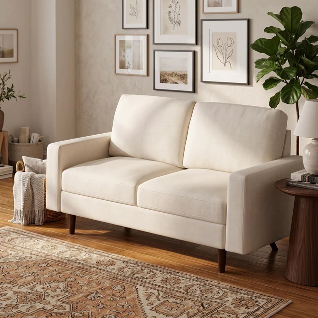 Main image of 2 Seat Loveseat Sofa, Polyester Fabric Couch with Accent Pillows Loose Back Cushion for Small Space Living, Beige