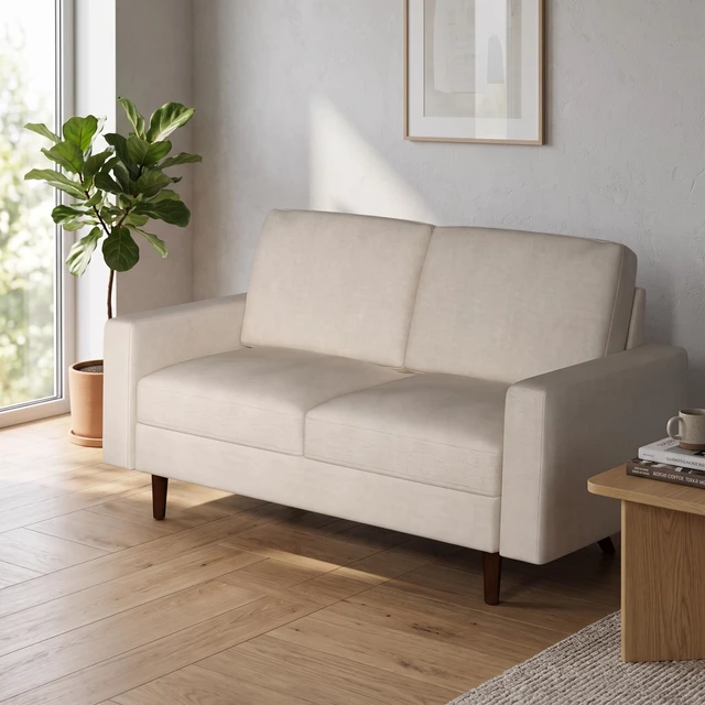 Alt view image 3 of 7 - 2 Seat Loveseat Sofa, Polyester Fabric Couch with Accent Pillows Loose Back Cushion for Small Space Living, Beige