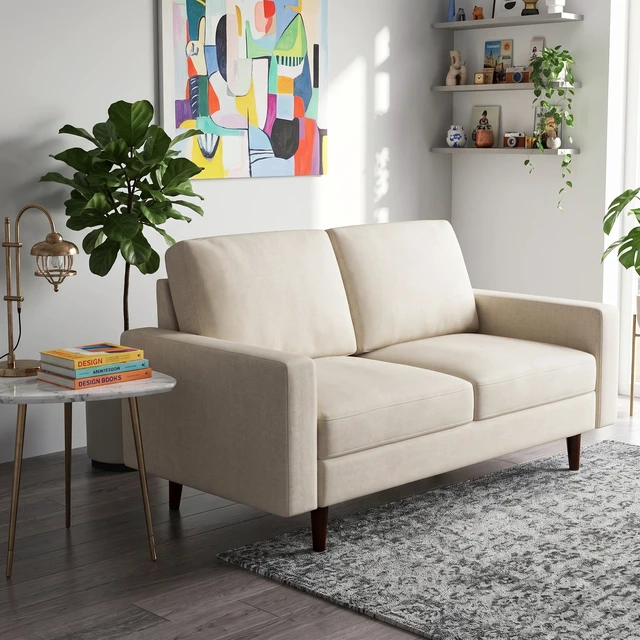 Alt view image 2 of 7 - 2 Seat Loveseat Sofa, Polyester Fabric Couch with Accent Pillows Loose Back Cushion for Small Space Living, Beige