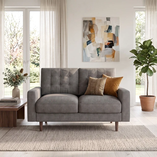 Alt view image 4 of 6 - Mid-Century Loveseat Sofa, Tufted Back Polyester Upholstered 2 Seat Couch with Solid Wood Legs for Small Spaces, Grey